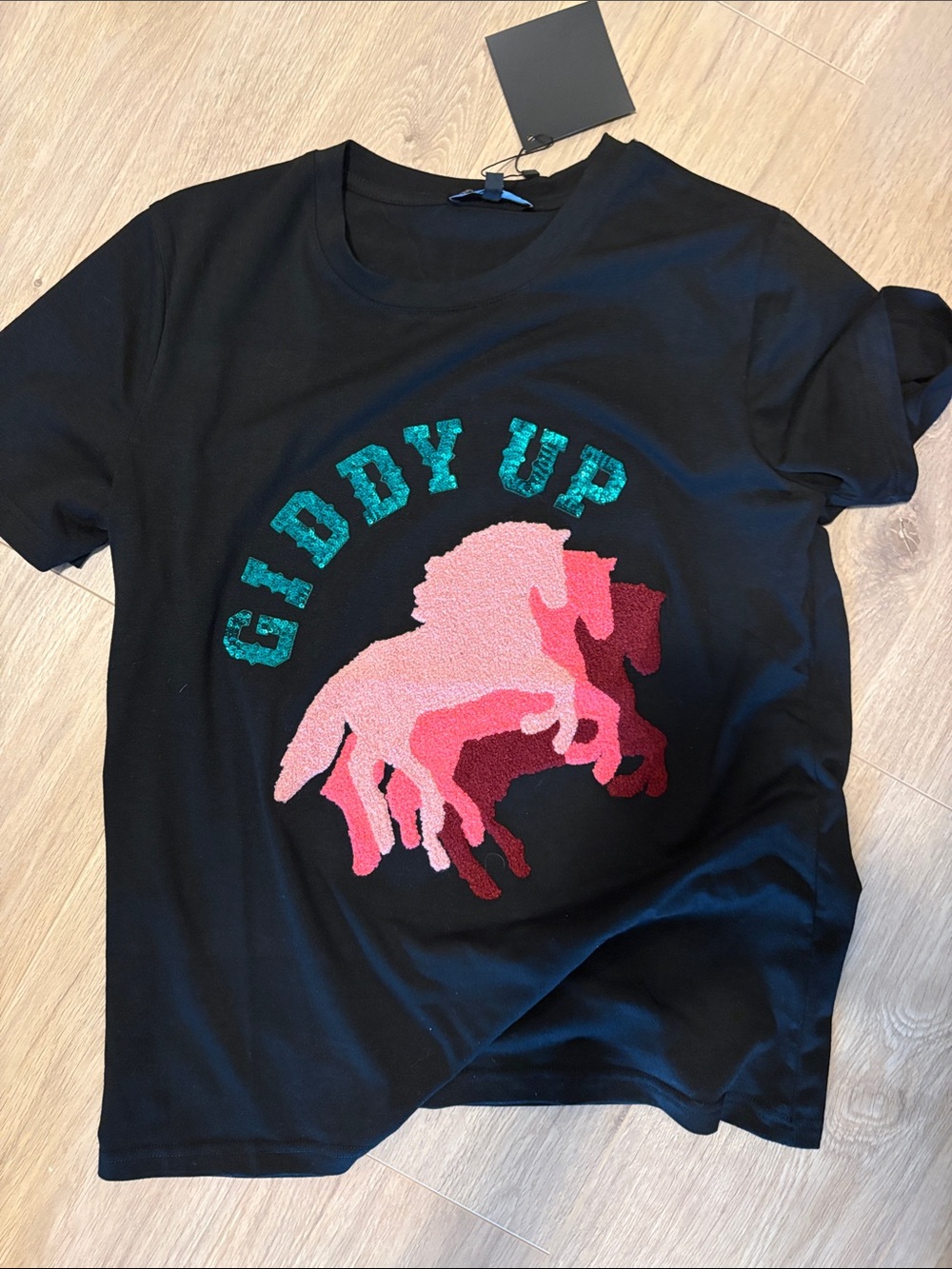 Western Black Graphic Tee with Pink Horse Design